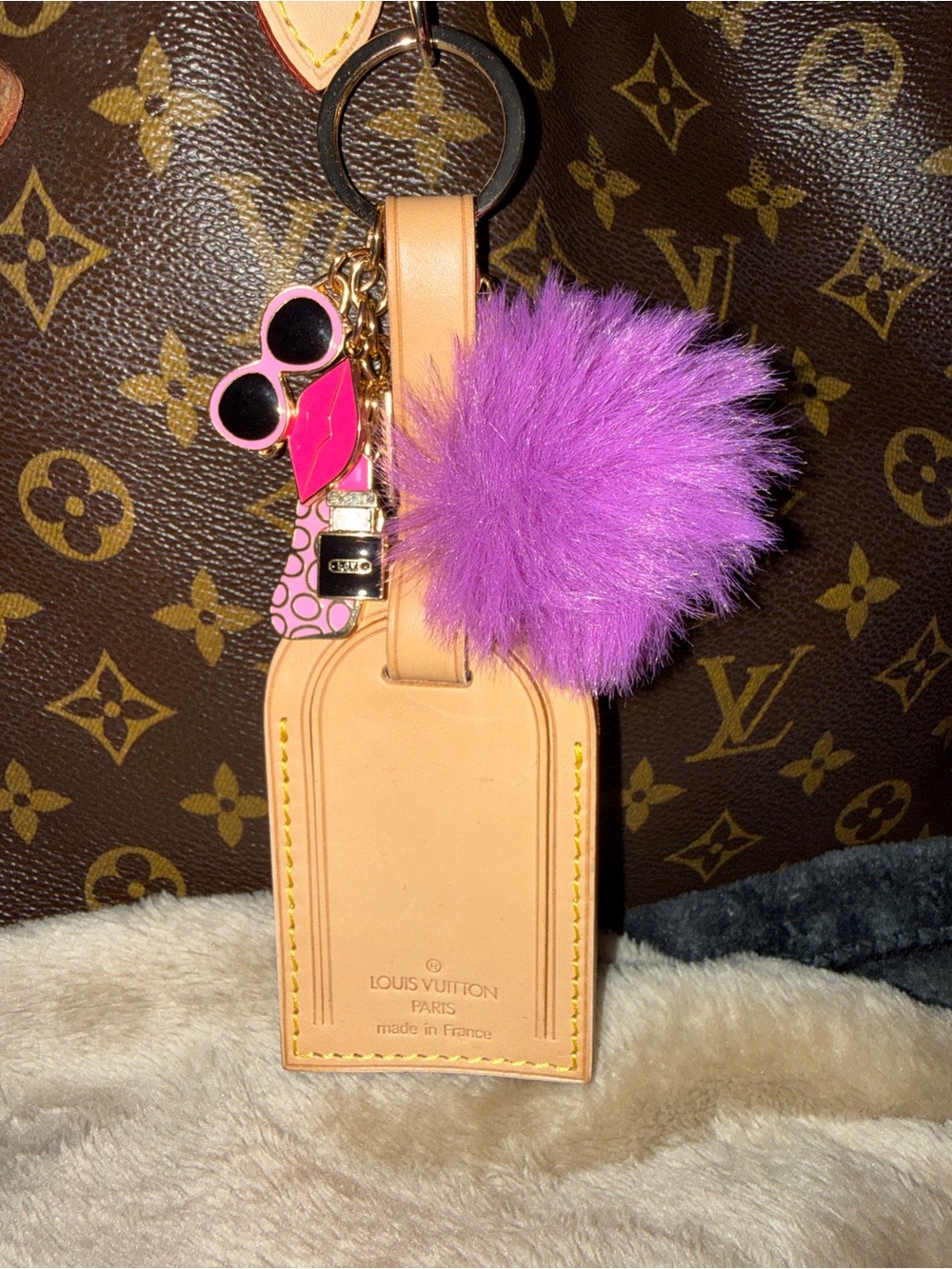 Louis Vuitton Leather Luggage Tag w/Pom Pom and Pink Enamel Keychain